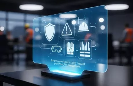 Illustration digitale de la prévention des risques professionnels : icônes de sécurité (casque, gants, bouclier) symbolisant la réalisation du DUERP par Altéor RH.