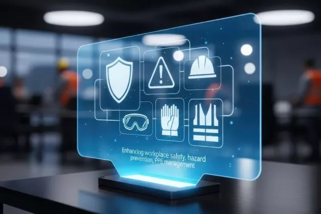 Illustration digitale de la prévention des risques professionnels : icônes de sécurité (casque, gants, bouclier) symbolisant la réalisation du DUERP par Altéor RH.