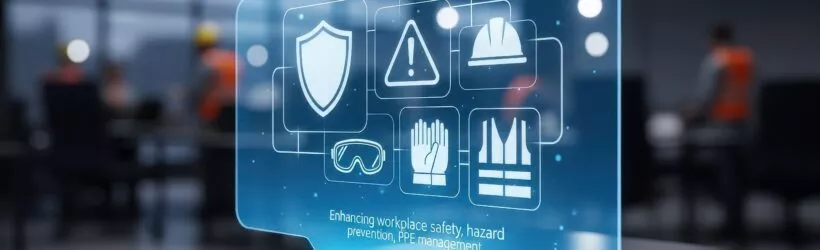 Illustration digitale de la prévention des risques professionnels : icônes de sécurité (casque, gants, bouclier) symbolisant la réalisation du DUERP par Altéor RH.